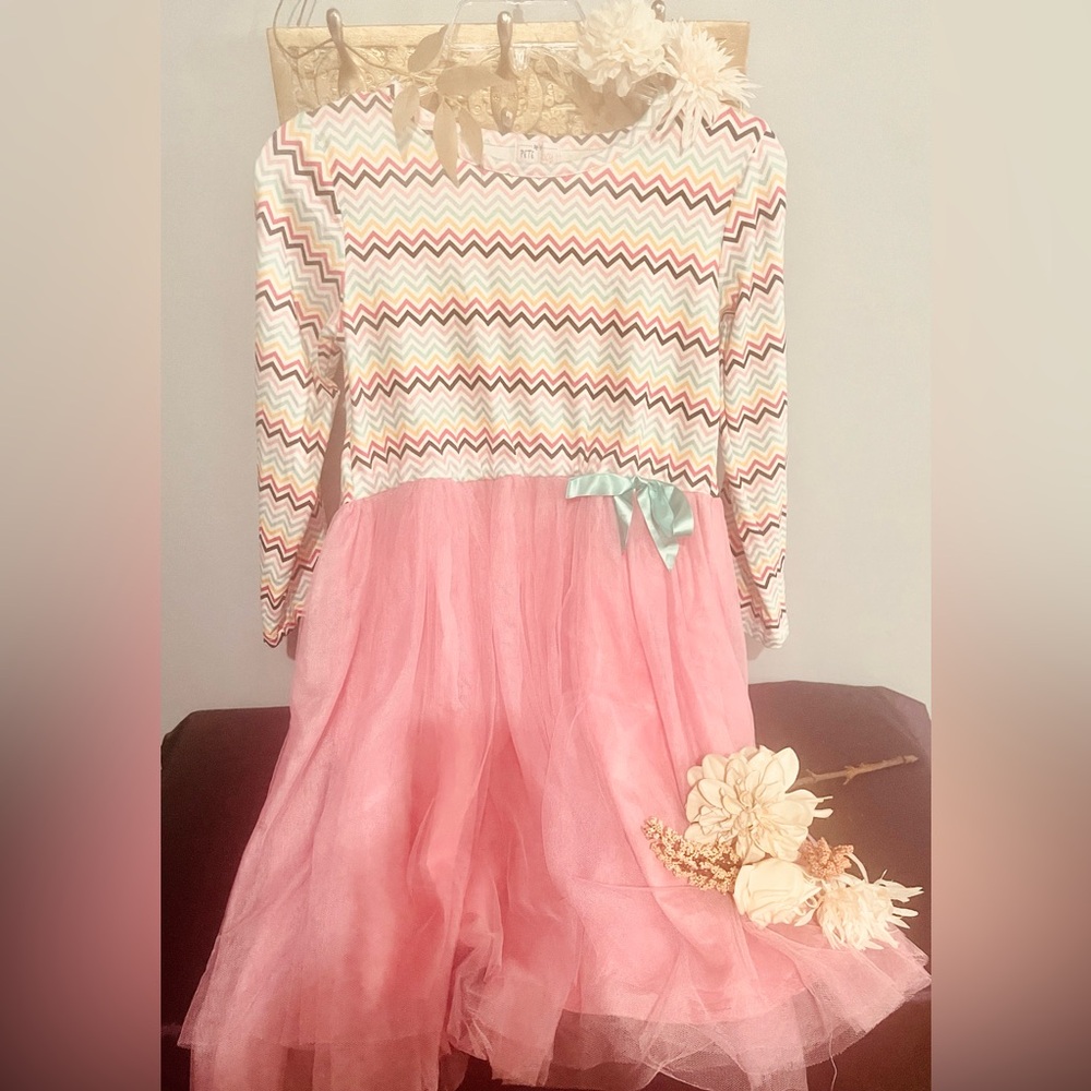 Charming Chevron Kids Dress with Pink Skirt